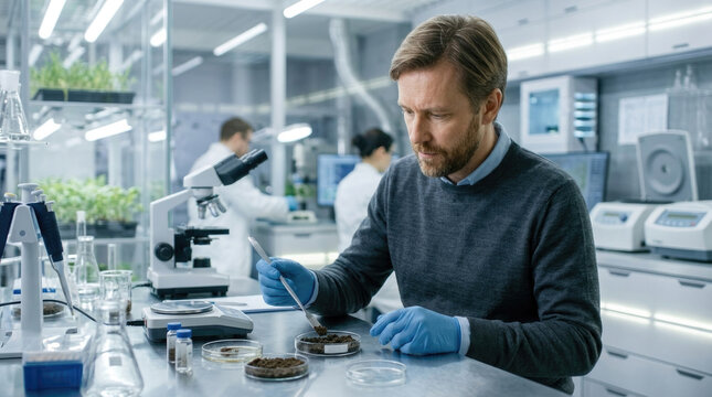Scientist conducting soil analysis in modern laboratory setting for environmental research and agricultural development, featuring advanced equipment and focused examination in scientific background
