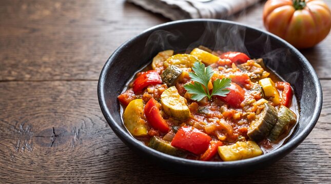 Fresh steaming vegetable ratatouille stew in a black bowl on a rustic wooden table