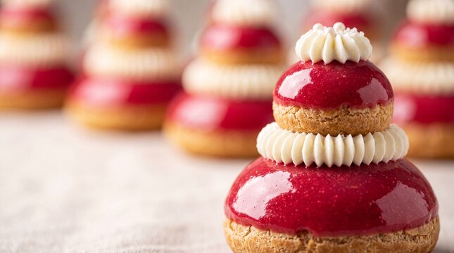 Elegant French Religieuse Pastries with Red Mirror Glaze and White Cream Piping