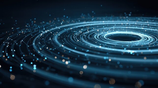 Abstract digital artwork of concentric glowing blue circles with connected particles swirling towards a central point