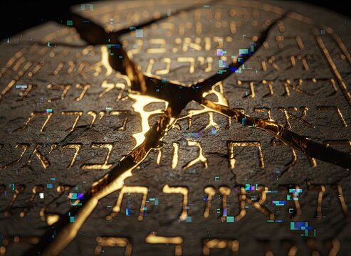 Cracked stone tablet glowing with hebrew inscription

