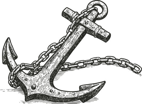 Detailed engraving of a classic ship anchor with attached metal chain