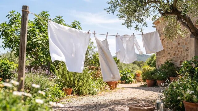 White laundry and clothes drying on clothesline, gently blowing in wind in green rustic backyard garden.
