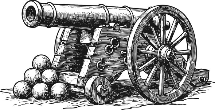 vintage cannon with stacked cannonballs antique artillery weapon engraving