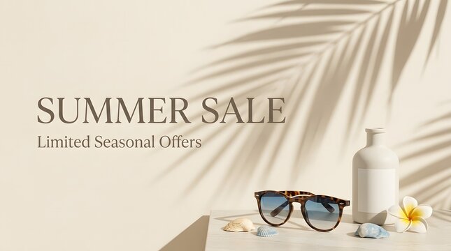 Summer sale advertisement with sunglasses and seashells