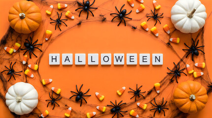 Obraz premium Halloween decorations, orange pumpkins, black spiders, candy corn garland, spooky seasonal setup