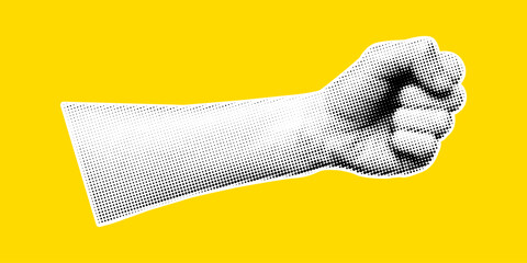 Vector halftone collage clenched fist arm on yellow background. Contemporary halftone collage pop cutout power sticker design symbolizing protest and strength. © Ulyana Mo