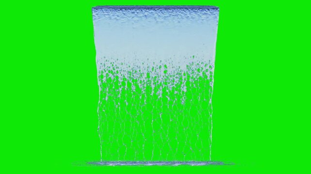 Front view of Flowing Water with a Medium Flow from a medium surface source to the ground on a perfect green background