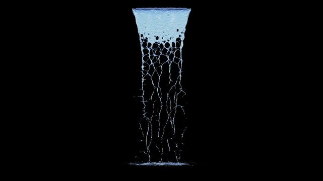 Front view of Flowing Water with a Small Flow from a short surface source to the ground on a black background