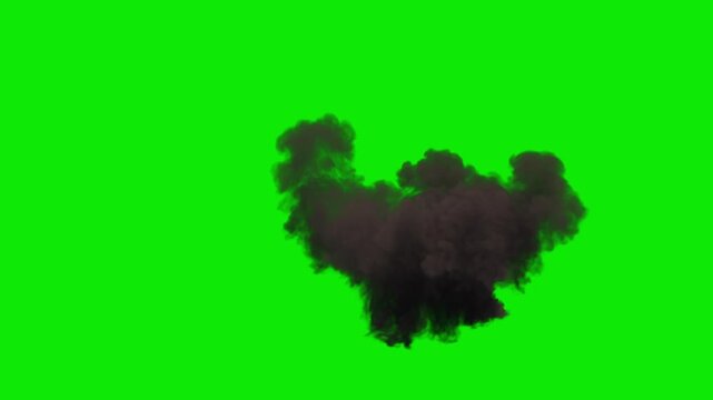 Ground Explosion in Yellow and Orange Bubbly Flames and Dense Grey Smoke with slow dissipation on a perfect green background