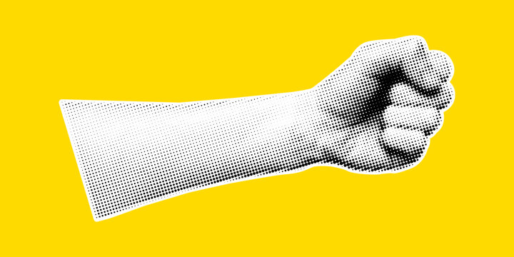 Vector halftone collage clenched fist arm on yellow background. Contemporary halftone collage pop cutout power sticker design symbolizing protest and strength.