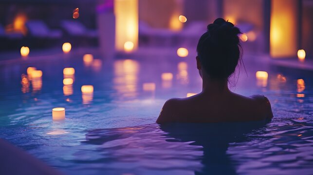 Relaxing evening at a luxurious spa: a woman enjoys a tranquil pool bath surrounded by soft, warm candlelight glow