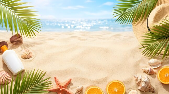 Tropical beach vacation essentials sunscreen hat and citrus fruits