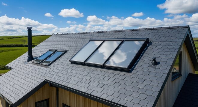 Modern home with grey slate roof featuring large skylights reflecting a blue sky with clouds on a sunny day