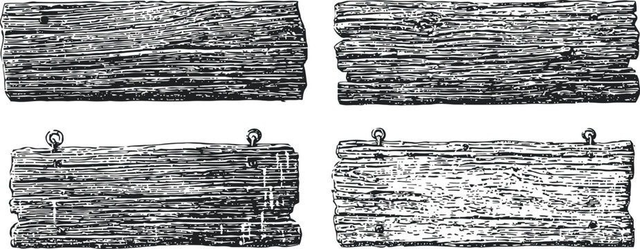 engraving old wooden signboards set vintage rustic plank banners vector illustration