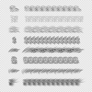 Set of eight hand drawn long hair or fur textures seamless borders black and white wavy lines vector illustration.