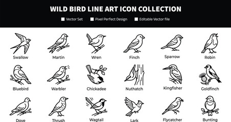 Wild Bird Line Art Icon Collection with Flying and Perching Avian Symbols for Nature Graphic Design Projects © SunilKumar