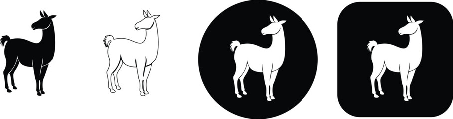 Fototapeta premium Four variations of a llama animal featuring solid black, thin line, and white silhouettes on circular and square bases