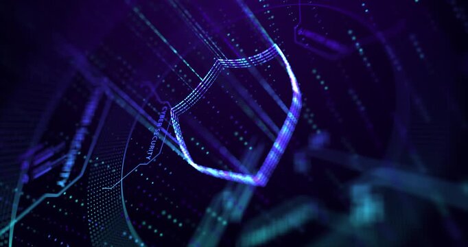 Abstract animation of a glowing digital wireframe shield made of data particles on a dark purple cyber security background.