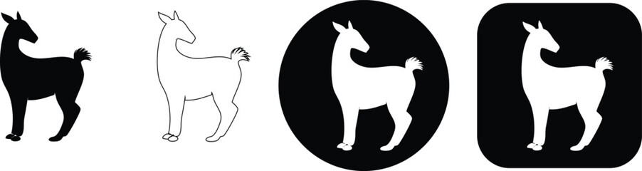 Fototapeta premium Four variations of a llama animal featuring solid black, thin line, and white silhouettes on circular and square bases