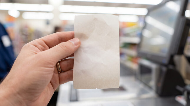 Hand holding blank receipt paper at supermarket checkout, mock up for shopping costs, finance, and consumer spending