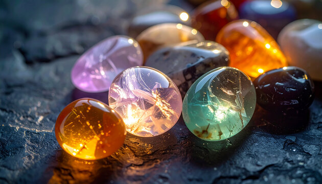 Mixed semi-precious stones with subtle inner glow, beautifully polished and placed on textured background. Close-up.