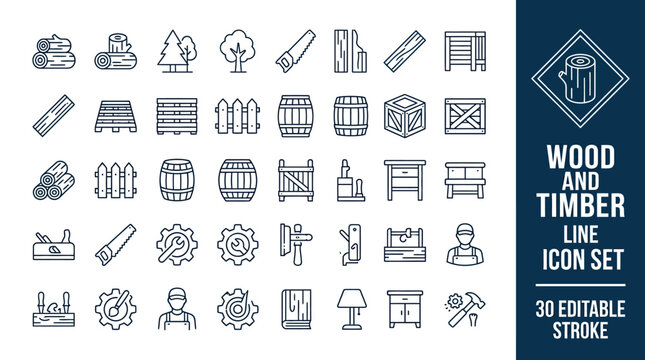 30 wood and timber line icons with editable stroke for carpentry, lumber, and furniture design projects.