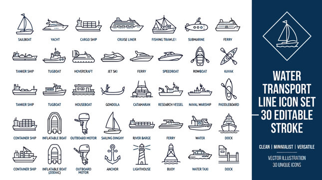 30 water transport line icons with editable stroke for boats, ships, and maritime design projects.