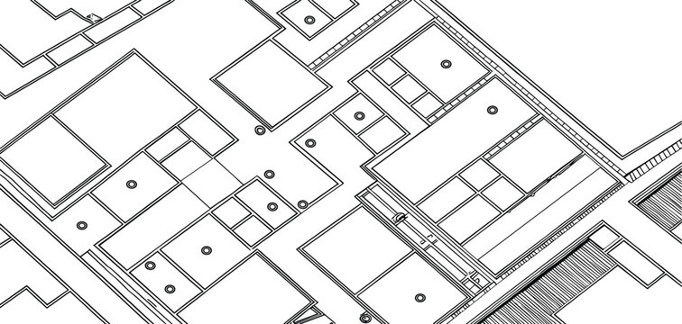 Architectural floor plan blueprint layout, technical line art vector illustration building design background