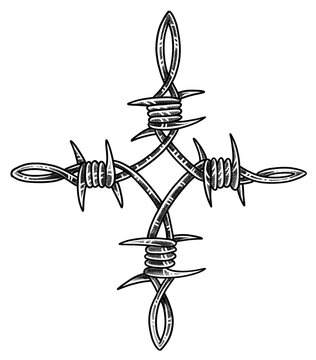 Barbed wire cross tattoo illustration on black background