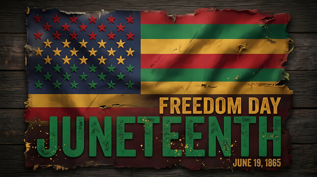 Distressed Juneteenth Freedom Day Flag With Pan-African Colors And June 19 1865 Text On Dark Wood Background
