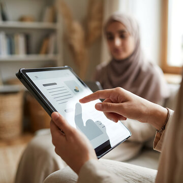 Close-up of hands using tablet for online Islamic learning with Muslim student background