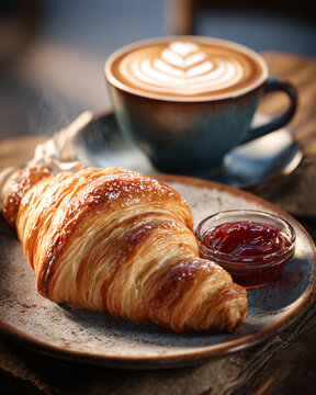 Fresh warm butter croissant with realistic steam rising naturally, crispy flaky golden layers, creamy European butter, homemade strawberry jam, cappuccino with heart latte art