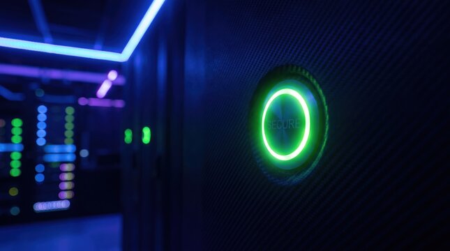 Secure button glowing green on a server cabinet in a dark blue database server room