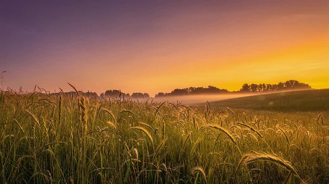 Radiant timelapse of sunset intensifying across meadow with grass shimmering brighter and shadows