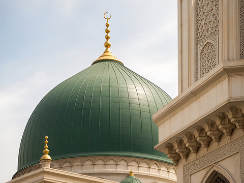 Green dome of holy mosque with golden finial for Islamic architecture and religious design