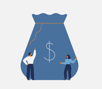people with big bag of money. financial support, sponsorship concept. Savings, contributing finance to fund, business startup. Flat vector illustration isolated on white background