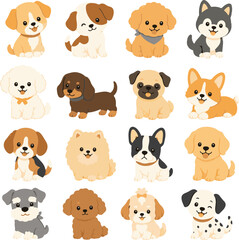 Fototapeta premium Cute Dog Collection, Flat Vector Illustration Set of Dogs Clipart