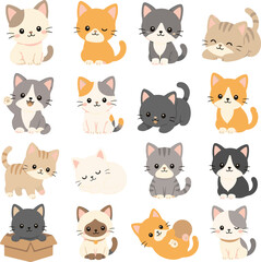 Fototapeta premium Cute Cat Collection, Flat Vector Illustration Set of Cats Clipart
