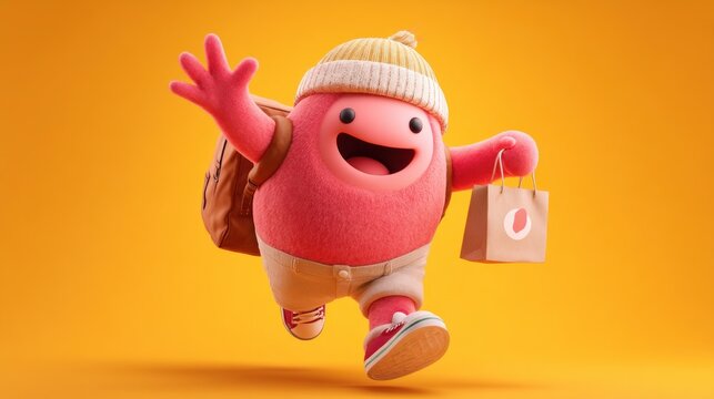 Animated, pink, bean-shaped character excitedly carries shopping bag on bright orange backdrop
