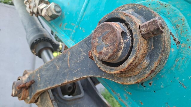 Rusty bolt and hinge mechanism close up