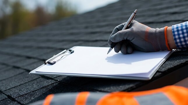 Close up of a construction worker in safety gear writing notes on a clipboard during a roof inspection on a sunny day at a residential site