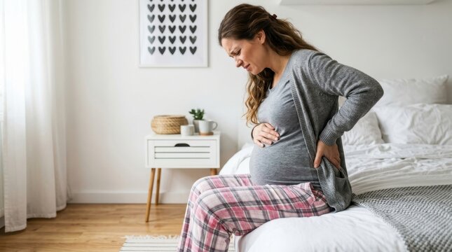 Pregnant woman experiencing significant lower back pain while sitting on bed in cozy bedroom setting