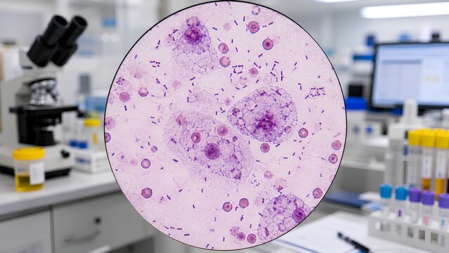 Microscopic view of a urine sediment sample showing a urinary tract infection, featuring transitional epithelial cells, red blood cells, and rod-shaped bacteria with inflammatory changes