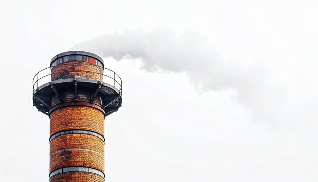 Tall brick smokestack with smoke, bands, and railing structure