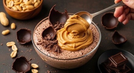 Fototapeta premium Rich Chocolate Mousse Topped with Creamy Peanut Butter and Dark Chocolate Shavings in a Dessert Bowl