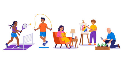 Fototapeta premium Diverse people enjoying leisure activities: sports, reading, art, and gardening.
