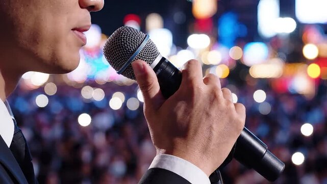 A speaker holding a microphone in a vibrant city crowd at night.