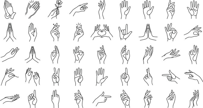 Minimalist vector illustration icon set of various human hand gestures fingers mudras and communication signs isolated on a white background