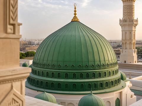 Green dome and minarets of grand mosque in daylight for religious travel photography